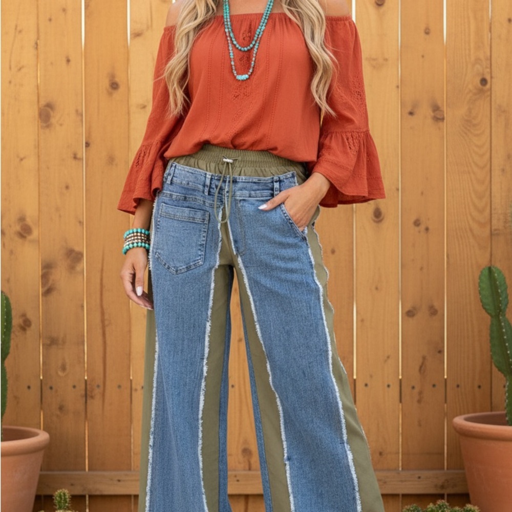 Boho Elastic Waist Pocket Denim Contrast Wide-Leg Pants